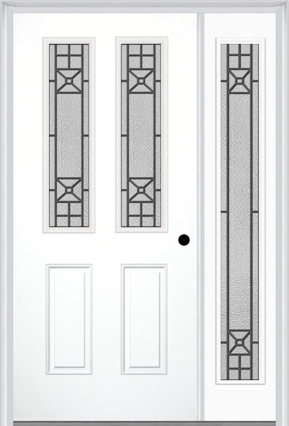 MMI 2-1/2 Lite 2 Panel 6'8" Fiberglass Smooth Courtyard Nickel Vein Wrought Iron Exterior Prehung Door With 1 Full Lite Courtyard Nickel Vein Wrought Iron Decorative Glass Sidelight 692